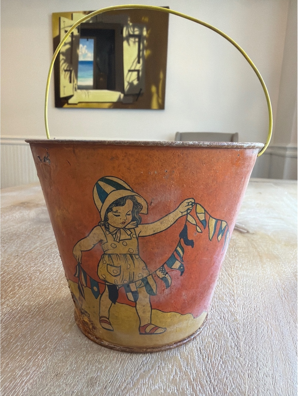 Rare Antique 5.5" Ohio Art Metal Beach Bucket Bunting Flag Graphic Vtg